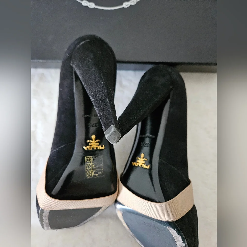 Prada Heels Black Suede Sculpted Heel Box Dust Bags - Picture 6 of 7